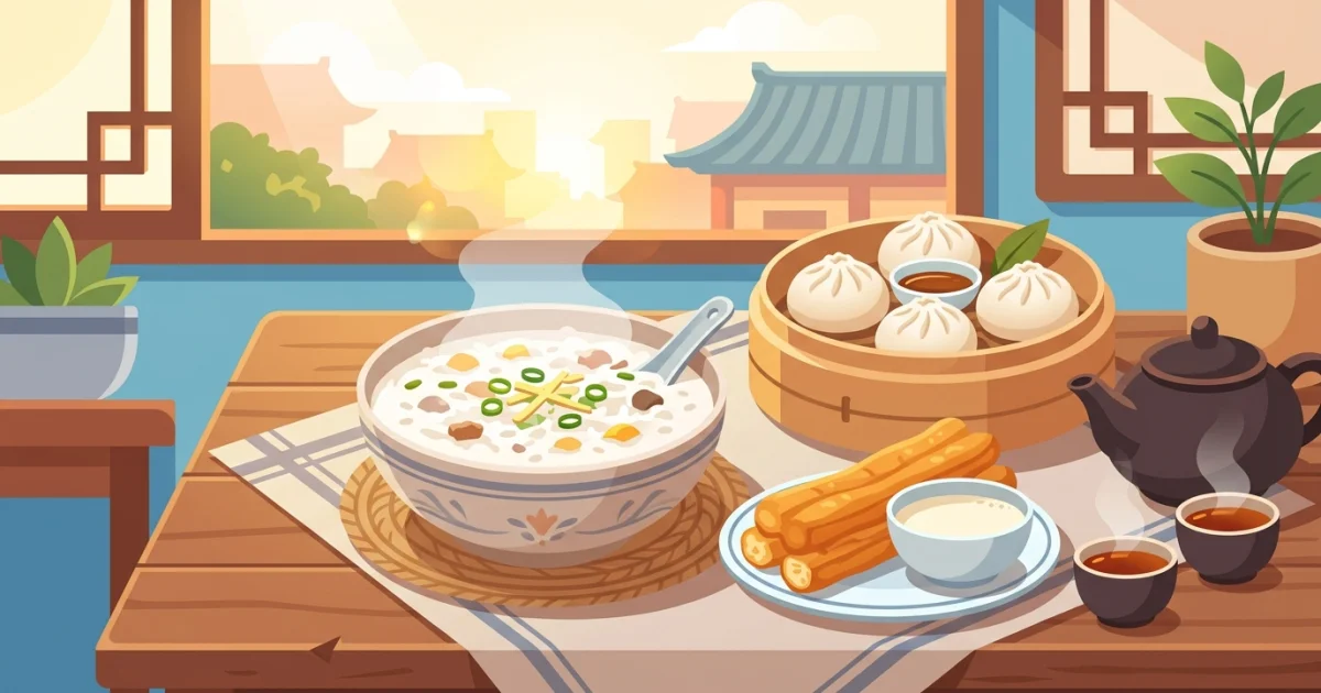Chińskie śniadanie: congee, pierożki i gorąca herbata o poranku