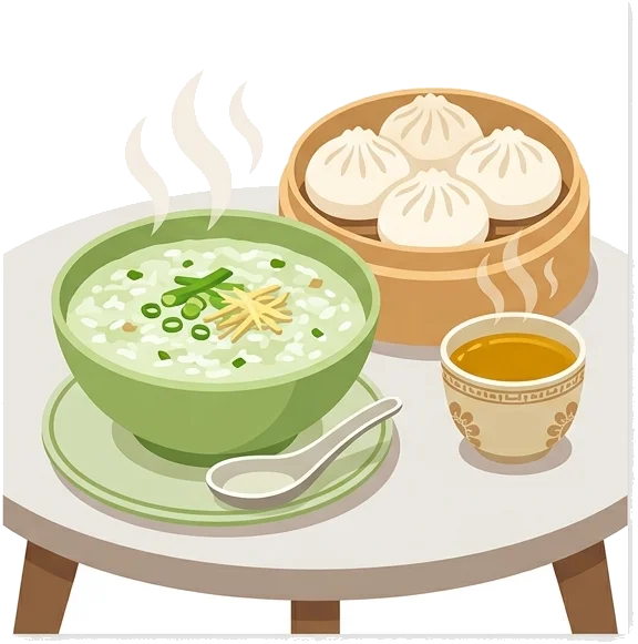 Chińskie śniadanie: congee, pierożki i gorąca herbata o poranku